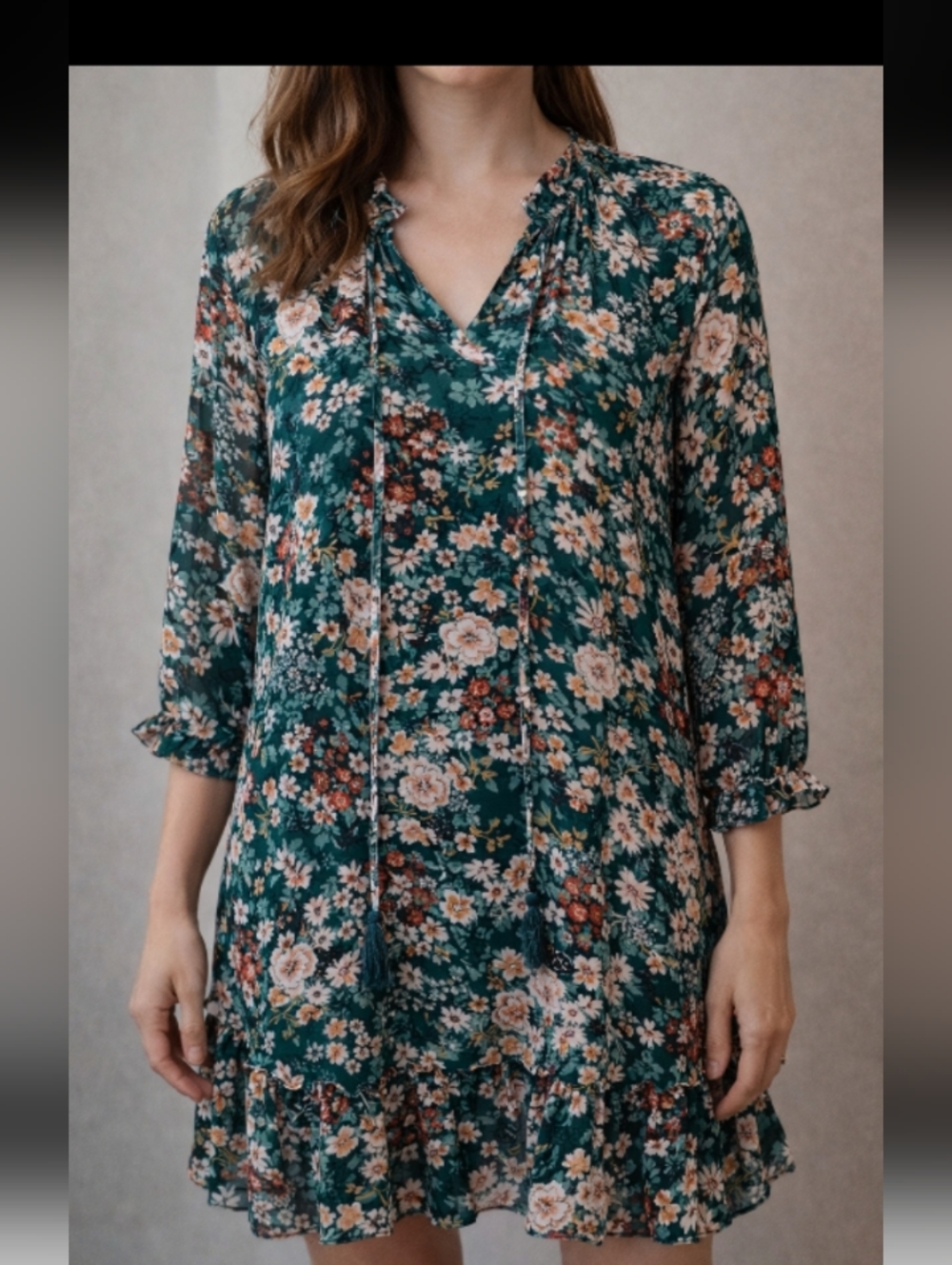 Luxology Teal Green Floral Long-Sleeve Sheer Lined Ruffle Dress (Size M)